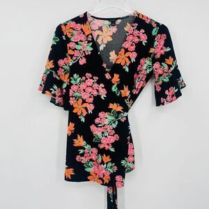 Ann Taylor Size XS Black Floral Ruffle Sleeve Wrap Blouse Top